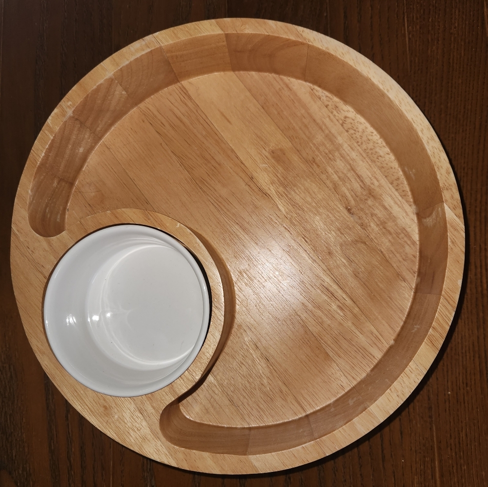 Natural Wood Serving Chip + Dip Platter with White Glass Bowl Insert
